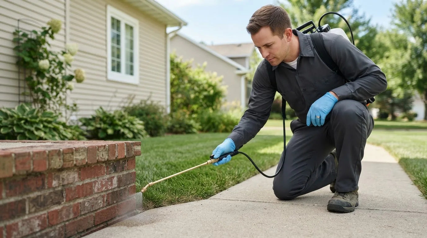 Pest control technician treating a home near Oxford, NE