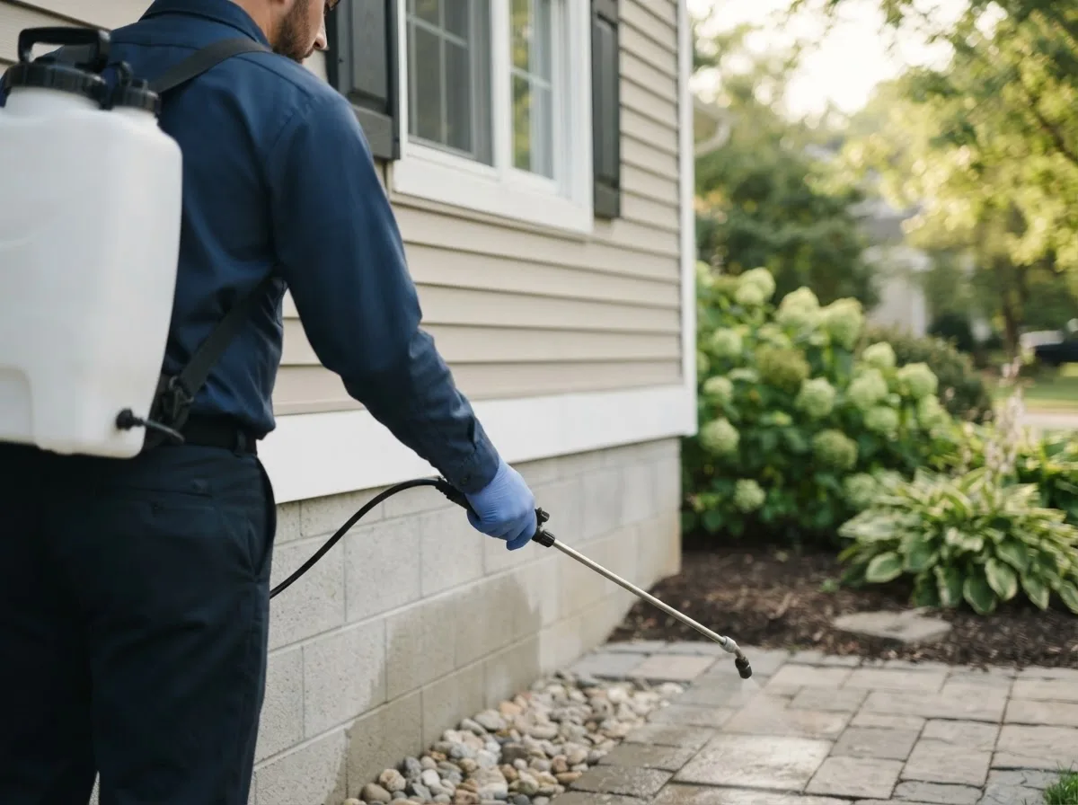 Pest control technician inspecting a home in Oxford, NE